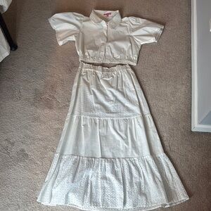 White Short Sleeve cropped Blouse with eyelet trim and coordinating maxi skirt.